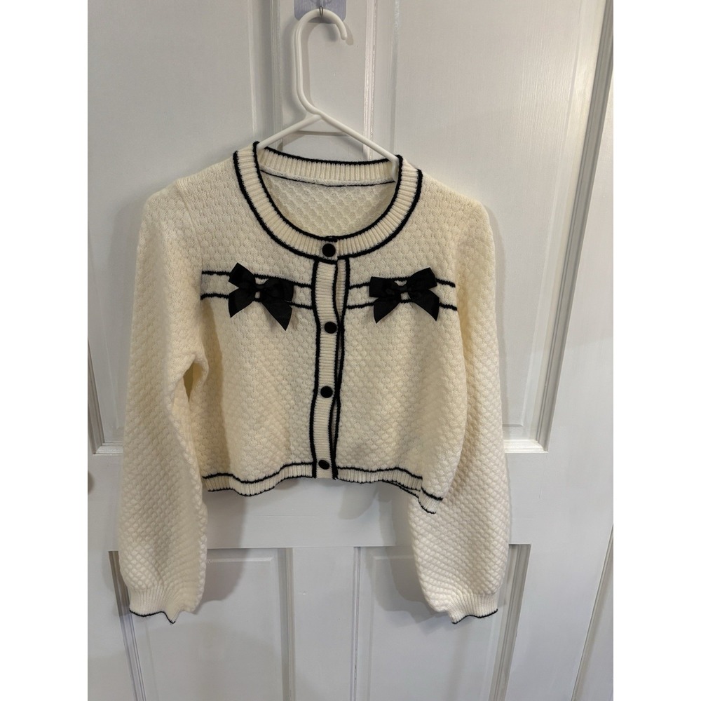 Shein Contrast Trim Bow Front‎ Button Womens Cardigan medium